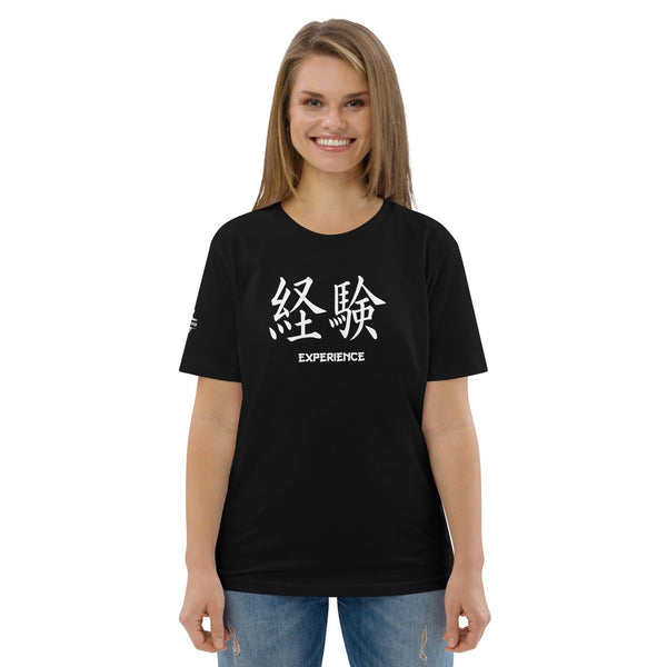 T-shirt Noir Unisexe en Coton Biologique Symbole Kanji "Experience" Blanc - Arts-kanji