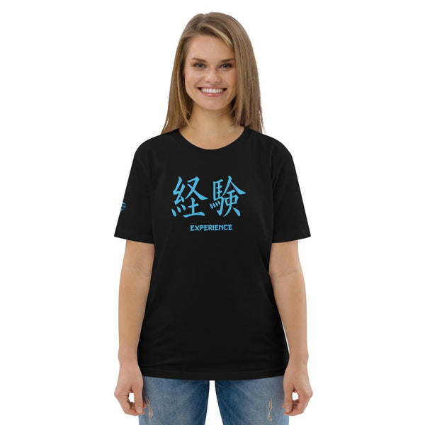 T-shirt Noir Unisexe en Coton Biologique Symbole Kanji "Experience" Bleu - Arts-kanji