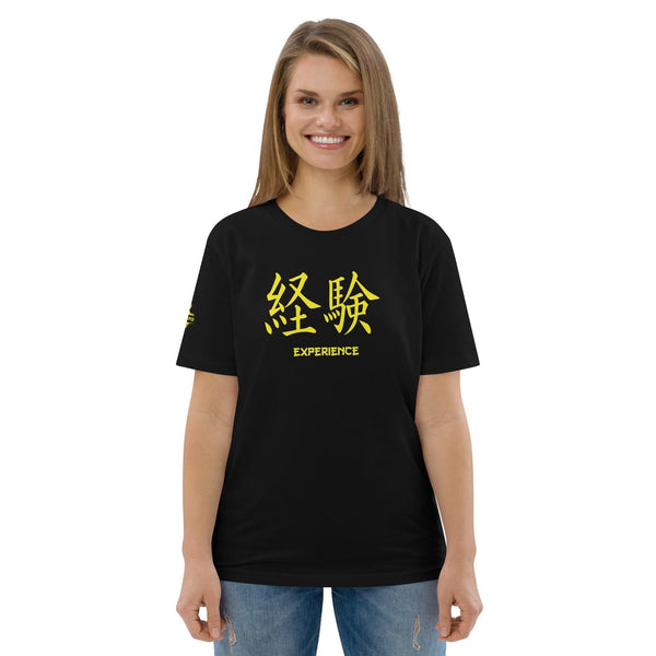 T-shirt Noir Unisexe en Coton Biologique Symbole Kanji "Experience" Jaune - Arts-kanji