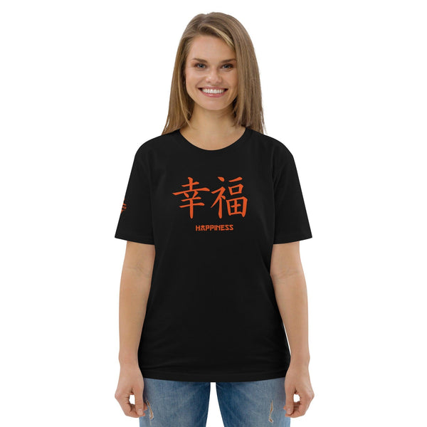 T-shirt Noir Unisexe en Coton Biologique Symbole Kanji "Happiness" Orange - Arts-kanji